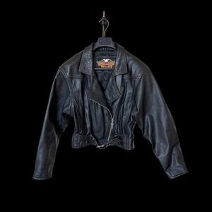 90's Harley-Davidson Womens Black Studded Leather Cropped Moto Jacket Small S